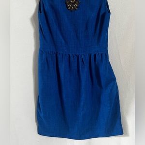 Beautiful blue sleeveless dress with copper and multiple colored beading.